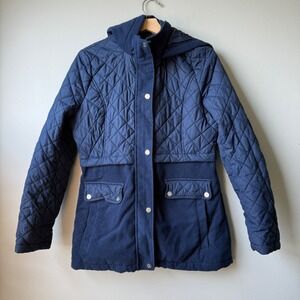 Sam Edelman Quilted Hooded Puffer Jacket Coat Navy Blue Womens Size L